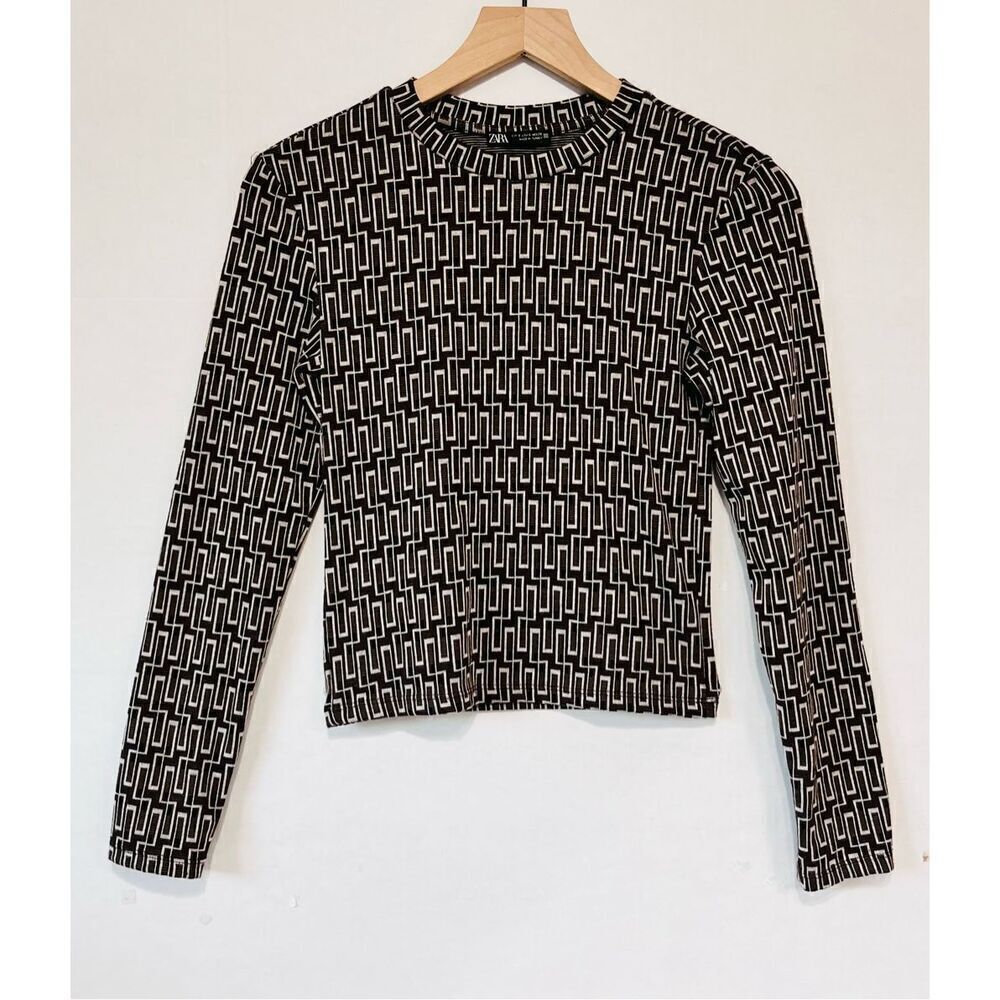 Zara Brown Geometric Print Long Sleeve Sweater   Sz S